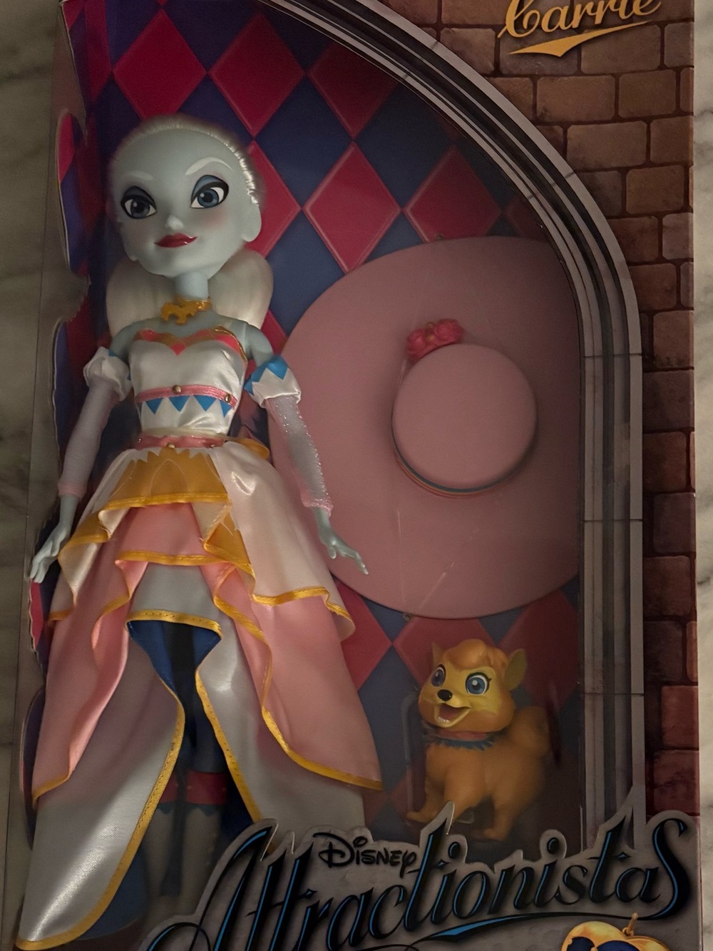 Disney Carrie Attractionistas Doll in Pink, White and Gold Gown with Yellow Pet